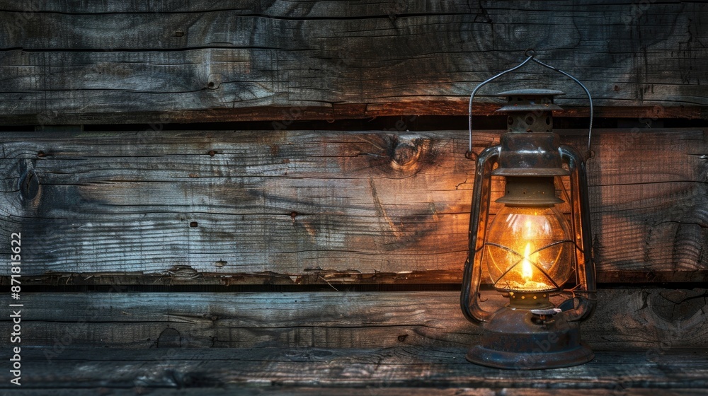 Poster Vintage style lantern on rustic wooden surface