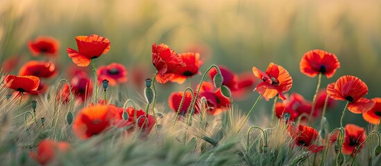 A field of vibrant red poppies and rye spikelets against a blurred background, providing ample space for text in an image.