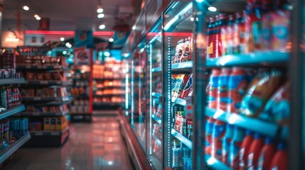 Supermarket aisle with neon lights and blurred shelves