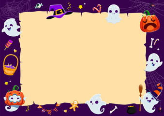Fototapeta premium Halloween cute kawaii ghosts and vintage manuscript scroll, cartoon vector for holiday background. Funny boo ghosts with pumpkins, witch hat and trick or treat candy sweets in spiderweb on manuscript