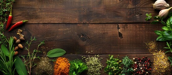 Top down view of diverse spices and herbs displayed on a wooden surface with room for your message in the copy space image.