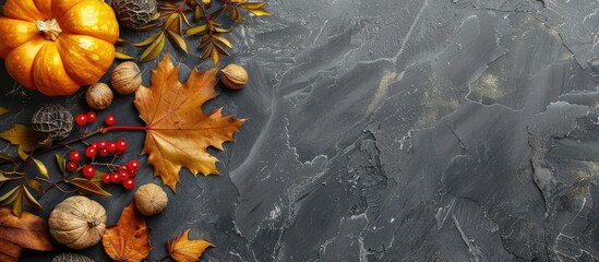 Autumn-themed backdrop featuring fall maple leaves, pumpkin, nuts, and berries on slate surface. Additional room for text or images. - Powered by Adobe