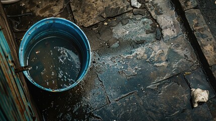 Bird s eye view of a street with a blue bucket filled with murky water and a focus on a worn damp cloth