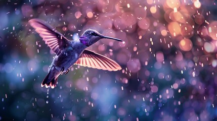 Un colibrì vola sotto la pioggia, fotografia atmosferica colorata 