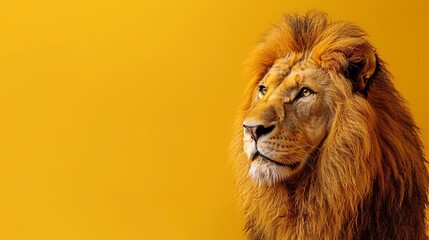 Un maestoso leone con criniera in piedi su uno sfondo giallo, con spazio per il testo.