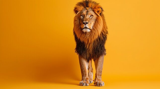 Un maestoso leone con criniera in piedi su uno sfondo giallo, con spazio per il testo.
