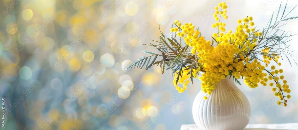 Poster elegant vase displaying lovely mimosa flowers on a soft background, ideal for adding text or graphic