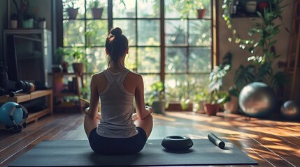 Una persona seduta in silenzio, che si prepara e alla propria routine di allenamento.
