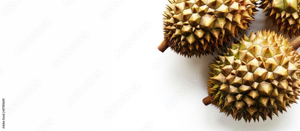 Poster close-up image of a durian on a white background with ample copy space.