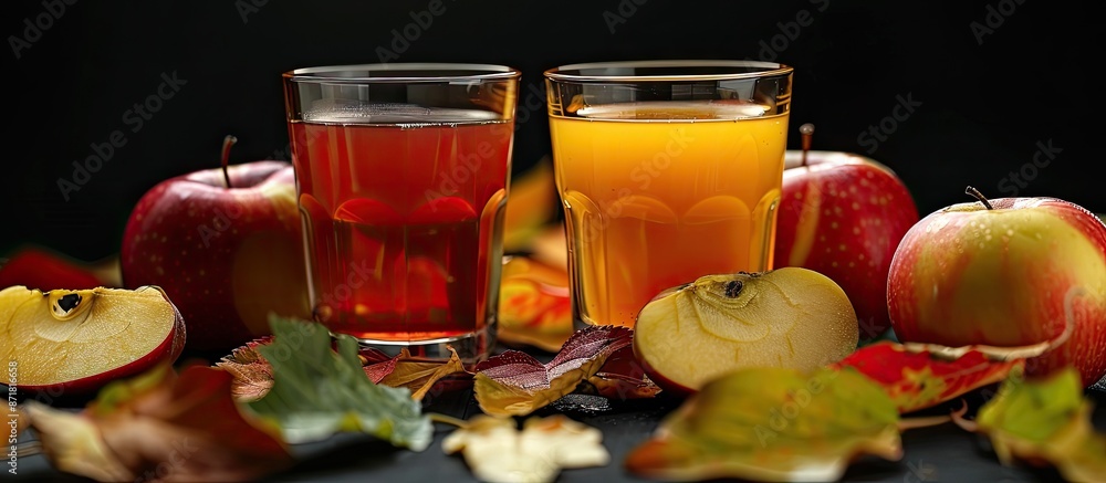 Poster Close-up of two glasses with different fruit juices on a black backdrop, surrounded by slices of ripe red and yellow apples with leaves, creating a striking copy space image.