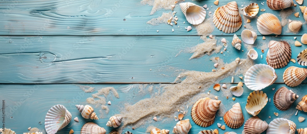 Poster seashells creating a border on a blue wooden background with sand, emphasizing the shells with copy 
