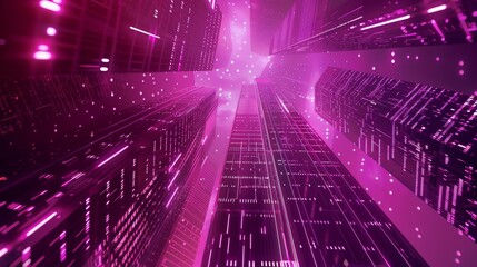 dreamy crypto robotics AI matrix data visualization with futuristic skyscrapers city double exposure in pink magenta color palette