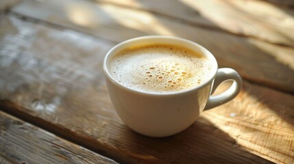 Obraz premium A cup of hot cappuccino with milk bubbles on wooden surface