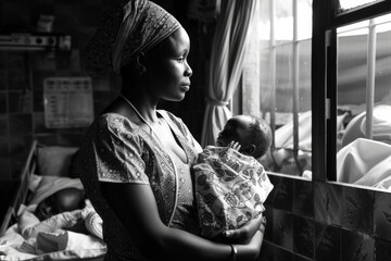 diverse black midwife with a newborn baby volunteering in hospital for underprivileged community black and white monochrome photo