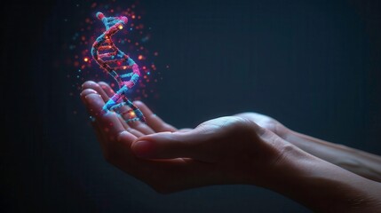 DNA spirals manifesting from a hand close up, focus on, copy space Radiant and dynamic hues Double exposure silhouette with molecular creation