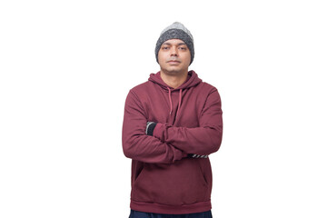 Man feeling cold with cap blouse. Cold concept. Winter concept. Low temperature.