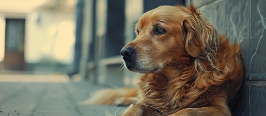 Lonely golden dog waiting outside for its owner, displaying signs of pet depression in animals, with a melancholic mood evident in the copy space image.