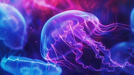 Obraz premium dreamy fantasy jellyfish motion blur, neon dark purple blue magenta color, abstract art marine creature banner