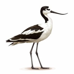 A black and white bird with a long beak stands on a white background