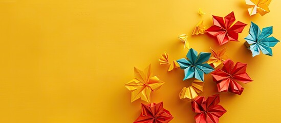 Obraz premium Origami flowers placed on a yellow backdrop with ample copy space image.