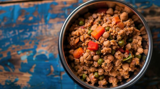 Canned pet food in bowl with dry kibbles