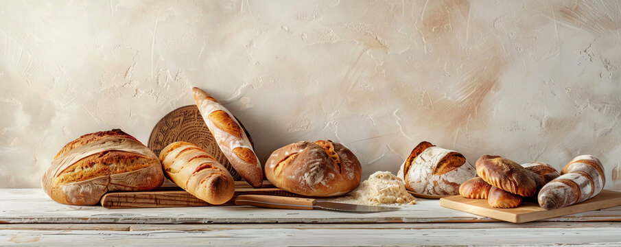 An assortment of freshly baked bread with a cutting board and knife on a wooden table. The background is a plain, light-colored wall, offering a clean space for copy.