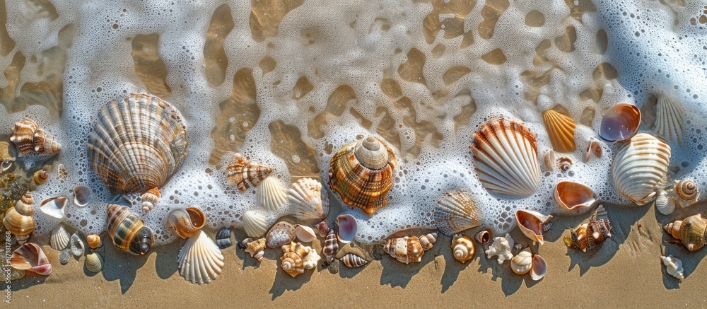 Poster sandy shore adorned with various seashells and pebbles, creating a serene seascape perfect for a cop