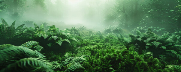 A tranquil green forest landscape with a carpet of ferns and moss, all bathed in a soft, diffused light through the fog. The mist creates a sense of mystery and serenity.