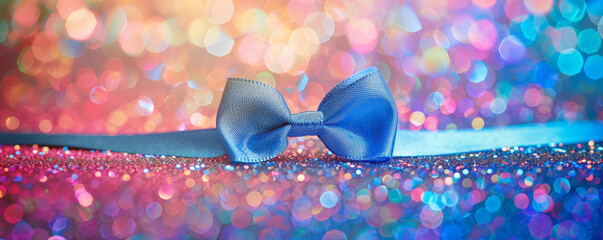 A vibrant blue ribbon bow on a multicolored glitter background. The bold color contrasts beautifully with the dynamic, sparkling backdrop.