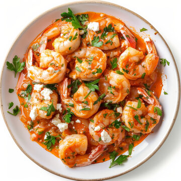A plate of Greek garides saganaki, shrimp cooked in a tomato and feta cheese sauce, garnished with fresh herbs, isolated on white background.