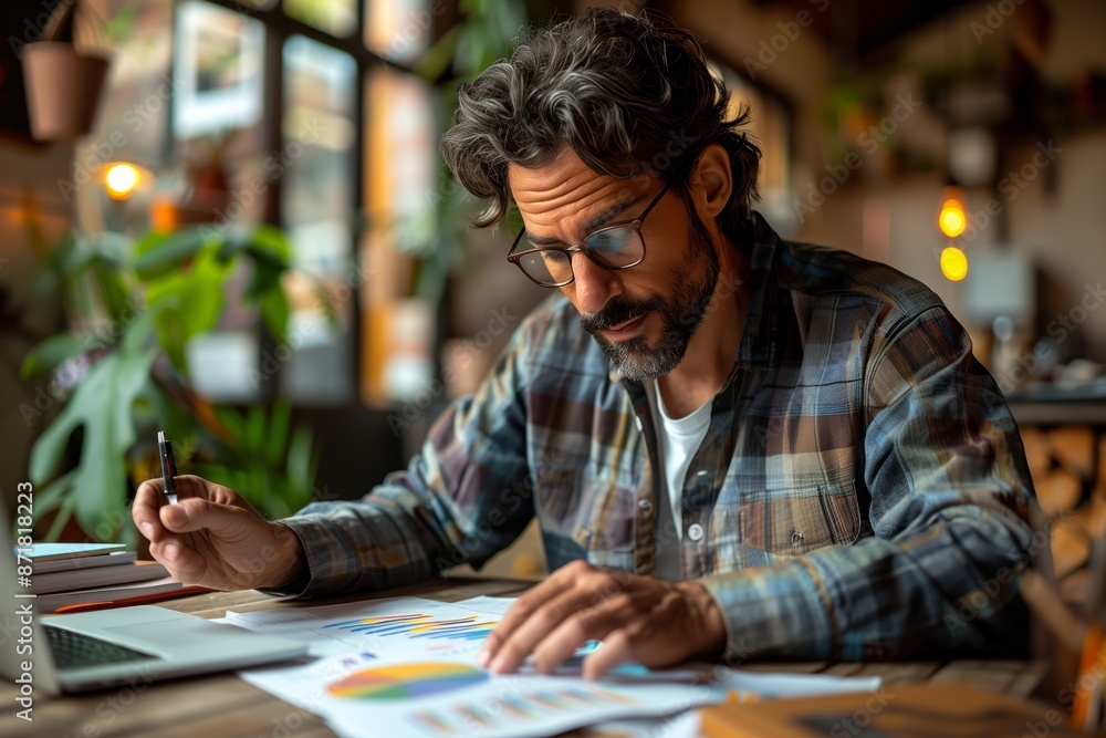 Poster man reviews charts and data at a coffee shop table