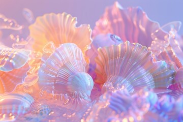 Fototapeta premium fluorescent shells and corals 3d translucent dreamy pastel peach color lilac color