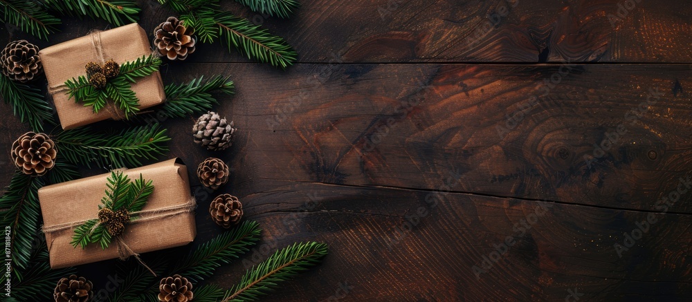 Poster christmas-themed background featuring two gift boxes adorned with pine branches and cones on a woode