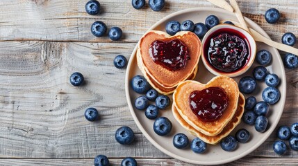 Heart shaped pancakes with blueberry and jam on light wooden backdrop for Valentine s Day