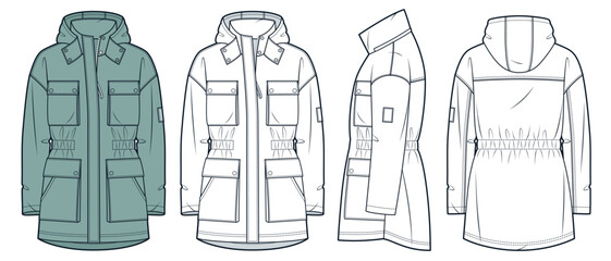 Parka Coat technical fashion Illustration. Winter Jacket fashion flat technical drawing template, front zipper, pocket, hood, front, side and back view, white, green, women, men, unisex CAD mockup set © Liubov Hladka
