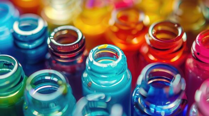 Colorful nail polish showcased in close up glass bottles