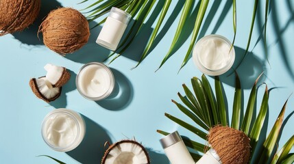 Coconut based beauty products and decor on blue backdrop
