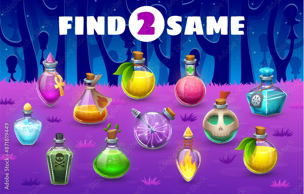 Poster find two same halloween magic potion bottles, kids game worksheet. vector educational riddle for chi
