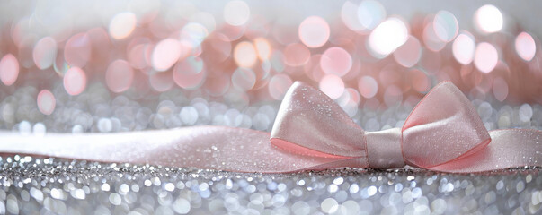 A soft pink ribbon bow on a silver glitter background. The delicate bow adds a touch of sweetness and charm against the shimmering backdrop.
