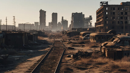 Fototapeta premium Post apocalyptic image of desert city wasteland with abandoned and destroyed buildings, war