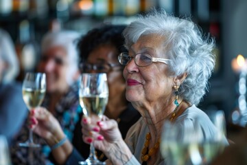 senior diverse women in their 60s drinking wine or champagne at restaurant or hotel bar general view, girls night out party