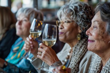 senior diverse women in their 60s drinking wine or champagne at restaurant or hotel bar general view, girls night out party