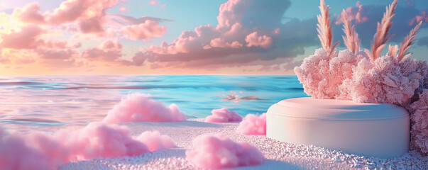 A whimsical beach podium with a backdrop of cotton candy clouds and pastel skies. Use soft, dreamy colors and playful textures like fluffy sand and smooth pebbles.