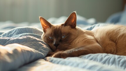 Burmese cat with ear problem resting on bed