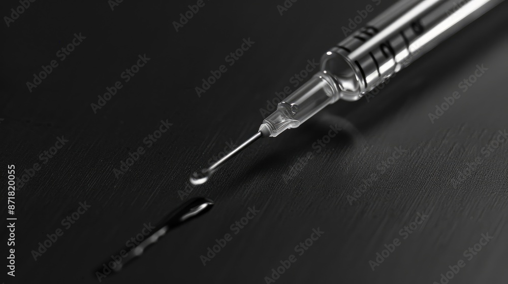 Poster close up image of micropipette with liquid in laboratory setting on black surface text space availab