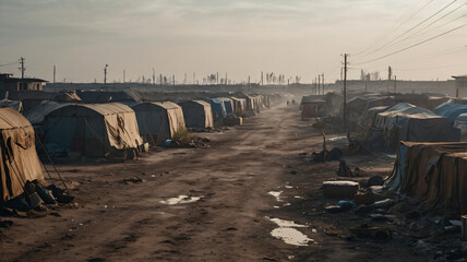 Fototapeta premium Refugees camp. Smog, air pollution, garbage and poverty, Ecologic catastrophe environment concept