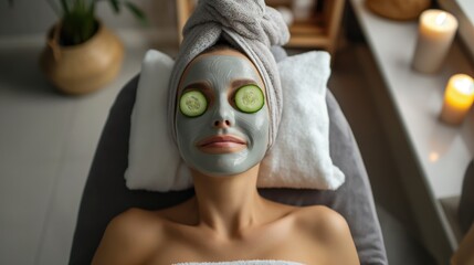 A young woman in spa salon with a blue cosmetic mask on her face and cucumber slices on the eyes. Skin care and beauty treatment concept 