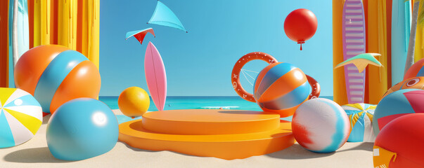 A playful beach podium surrounded by colorful beach balls, kites, and surfboards. Use vibrant primary colors and dynamic patterns for a fun, energetic vibe.