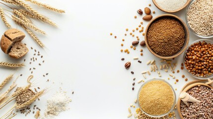 Gluten free grains and food displayed on a clean white background Frame layout with space for text