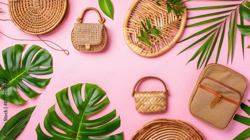 Wall mural Summer vibe flat lay with trendy wicker rattan and bamboo bags tropical elements on pink backdrop